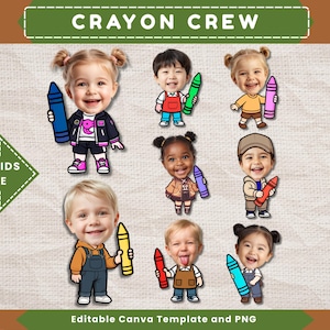 Può includere: Un set grafico digitale intitolato CRAYON CREW con otto bambini in stile cartone animato con teste grandi e volti realistici, ognuno dei quali tiene in mano un pastello colorato. I personaggi indossano vari abiti, tra cui salopette, giacche e camicie. È inclusa una freccia verde con il testo ADD KIDS FACE, insieme al testo Editable Canva Template and PNG.