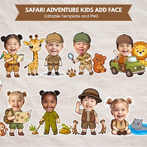 May include: A collection of cartoon safari adventure characters with children's faces. The characters include a giraffe, a lion, a jeep, a monkey, a hippo, and other safari-themed elements. The text at the top reads "SAFARI ADVENTURE KIDS ADD FACE".