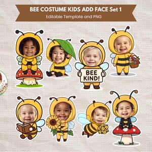 May include: A set of digital bee costume designs for kids, featuring various poses with space for adding faces. The costumes are yellow and black, with wings and antennae. The text "BEE COSTUME KIDS ADD FACE Set 1" is displayed at the top.