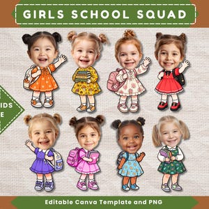 Pode incluir: Um conjunto gráfico digital intitulado GIRLS SCHOOL SQUAD apresentando oito ilustrações estilo desenho animado de crianças com cabeças grandes e roupas diversas, incluindo vestidos em laranja, amarelo, branco, vermelho, roxo, rosa, azul e verde com mochilas.