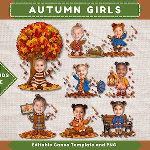 May include: A digital graphic set featuring seven illustrations of children in autumn-themed clothing, including a large tree, a bench, a lantern, and a sign that reads HELLO FALL. The text ADD KIDS FACE appears inside a green arrow graphic.