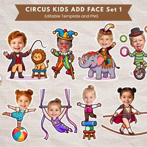Könnte beinhalten: Ein digitales Set von Zirkus-Illustrationen mit Kindergesichtern auf Cartoon-Körpern. Die Figuren zeigen einen Zirkusdirektor mit Löwen, einen Clown auf Stelzen, ein Kind auf einem Elefanten, einen Einradfahrer, einen Akrobaten und einen Seiltänzer.