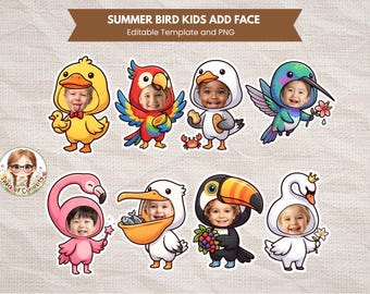 Summer Bird Kids Add Face Birding Gifts Printable Cute Bird Art Jungle Themed Birthday Unique Cupcake Topper Flamingo Birthday Decorations