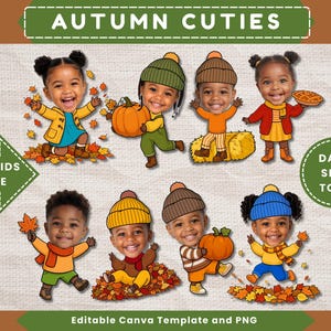 May include: A digital graphic set titled AUTUMN CUTIES featuring eight illustrations of children with dark skin tones in fall attire, including pumpkins, autumn leaves, and knit hats. The design includes text elements ADD KIDS FACE and DARK SKIN TONE.