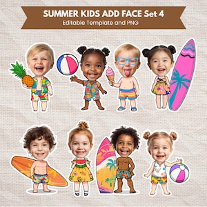 May include: A digital graphic showing eight cartoon children with summer accessories. The children have large heads and smiling faces, holding items such as a pineapple, beach ball, ice cream, and surfboards. The text "SUMMER KIDS ADD FACE Set 4" is at the top of the image.