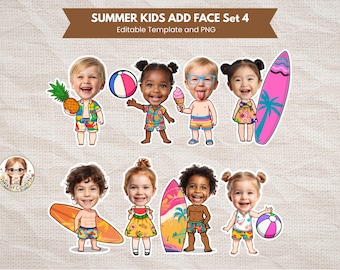 Summer Kids Add Face Beach Party Template Add Your Own Face Surfer Body Template Printable Kids Summer Keepsakes Tropical Unique Cake Topper