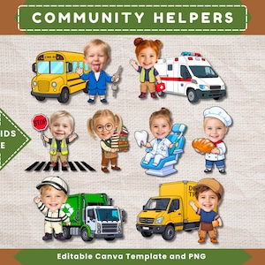Puede incluir: Un conjunto gráfico digital titulado COMMUNITY HELPERS que presenta ilustraciones de dibujos animados de niños con rostros personalizables vestidos como varios profesionales, incluidos un conductor de autobús, paramédico, guardia de cruce, bibliotecario, dentista, panadero y trabajador de saneamiento.