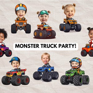 Peut inclure: Illustrations de dessins anim&eacute;s avec des visages d'enfants sur des monster trucks. Les camions sont de diff&eacute;rentes couleurs, notamment orange, vert, bleu et violet. Certains enfants tiennent des drapeaux &agrave; damier. Le texte "MONSTER TRUCK PARTY!" est affich&eacute;.