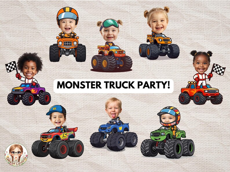 Peut inclure: Illustrations de dessins anim&eacute;s avec des visages d'enfants sur des monster trucks. Les camions sont de diff&eacute;rentes couleurs, notamment orange, vert, bleu et violet. Certains enfants tiennent des drapeaux &agrave; damier. Le texte "MONSTER TRUCK PARTY!" est affich&eacute;.