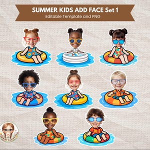 May include: A set of digital stickers featuring cartoon children in swimsuits and sunglasses, floating in inflatable rings. The image includes the text "SUMMER KIDS ADD FACE Set 1" and "Editable Template and PNG".