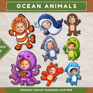May include: A digital collection of ocean animal illustrations featuring a clownfish, whale, seal, shark, turtle, octopus, crab, and dolphin. Each character has a circular cutout for a child's face. The text reads OCEAN ANIMALS and ADD KIDS FACE.