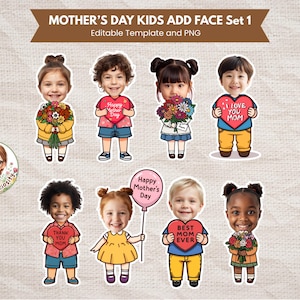 Könnte beinhalten: Ein digitales Illustrationsset mit Kindern, die Blumen, Herzen und Luftballons mit Text zum Muttertag halten. Der Text enthält "Happy Mother's Day", "I Love You Mom", "Thank You Mom" und "Best Mom Ever".