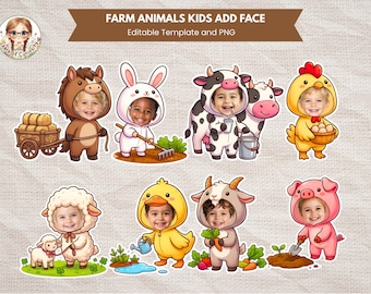 Farm Animals Kids Add Face Barn Party Add Your Own Photo Farming Kids Body Cutout Template Animal Faces Custom Face Banner Farm Animal PNG