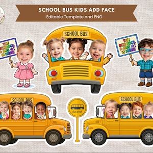 Puede incluir: Un conjunto gráfico digital con autobuses escolares amarillos y niños de dibujos animados con caras personalizables. Incluye dos autobuses, una señal de parada de autobús y dos niños que sostienen carteles que dicen THE SCHOOL BUS IS HERE.