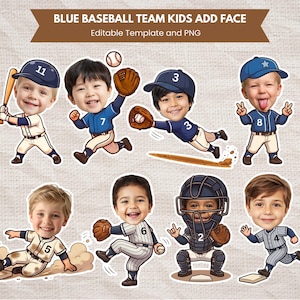 Könnte beinhalten: Cartoon-Illustrationen von Baseballspielern mit Kindergesichtern. Jeder Spieler trägt eine blau-weiße Uniform mit Baseballkappe. Der Text "BLUE BASEBALL TEAM KIDS ADD FACE" und "Editable Template and PNG" ist enthalten.