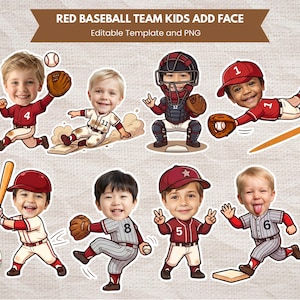 Könnte beinhalten: Cartoon-Illustrationen von Kindern in rot-weißen Baseball-Uniformen. Jedes Kind hat eine andere Pose, einige mit Basebällen, Schlägern und Handschuhen. Der Text lautet "RED BASEBALL TEAM KIDS ADD FACE" und "Editable Template and PNG".