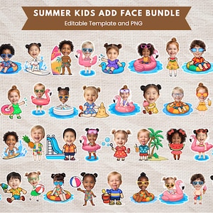 May include: A collection of cartoon illustrations of children enjoying summer activities. The images include kids with sunglasses, inflatable pool toys, surfboards, and beach accessories. Text at the top reads "SUMMER KIDS ADD FACE BUNDLE".