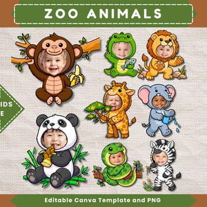 May include: A digital collection of zoo animal illustrations featuring a monkey, crocodile, lion, giraffe, elephant, panda, snake, and zebra. Each character has a circular cutout for a child's face. Includes the text ZOO ANIMALS and ADD KIDS FACE.