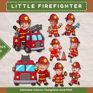 Pode incluir: Um conjunto de gráficos digitais com ilustrações estilo desenho animado de crianças com capacetes de bombeiro e uniformes vermelhos. A coleção inclui imagens de crianças em caminhões de bombeiros, segurando mangueiras e equipamentos.