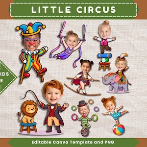 Op de afbeelding: Een digitale grafische set getiteld LITTLE CIRCUS met diverse stripfiguren met aanpasbare gezichten, waaronder een clown op stelten, een acrobaat, een circusdirecteur met een leeuw en een jongleur op een eenwieler.