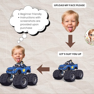 Peut inclure: Illustration num&eacute;rique d'un visage d'enfant sur un monster truck bleu. Le texte comprend "T&eacute;l&eacute;chargez mon visage s'il vous pla&icirc;t" et "Habillons-vous." Une bulle de pens&eacute;e dit "D&eacute;butant" et "Instructions avec captures d'&eacute;cran fournies apr&egrave;s l'achat."