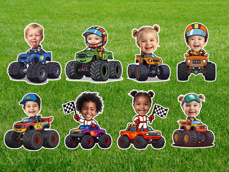 Peut inclure: Ensemble de d&eacute;coupes de style cartoon repr&eacute;sentant des enfants dans des monster trucks. Chaque enfant affiche un visage souriant et porte un casque ou un chapeau. Les camions sont de diff&eacute;rentes couleurs : bleu, vert, orange, rouge et violet, avec de gros pneus.