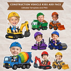 Puede incluir: Un conjunto gráfico digital titulado CONSTRUCTION VEHICLE KIDS ADD FACE Editable Template and PNG que muestra vehículos de construcción dibujados como excavadoras, volquetes, cargadoras, bulldozers, apisonadoras y hormigoneras con rostros de niños.