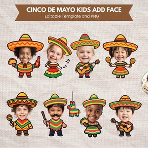 Op de afbeelding: Een digitale afbeelding met acht cartoon kindergezichten die sombrero's en feestelijke outfits dragen. Elk kind houdt een ander item vast, zoals een taco, maracas of een gitaar. De tekst "CINCO DE MAYO KIDS ADD FACE" staat bovenaan.