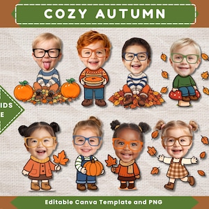 May include: A digital graphic featuring eight cartoon children with oversized heads and glasses, themed for autumn. The characters are surrounded by pumpkins, fall leaves, and a mushroom. The text reads COZY AUTUMN and ADD KIDS FACE.