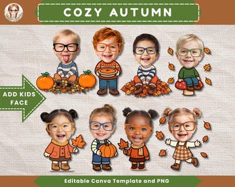 May include: A digital graphic featuring eight cartoon children with oversized heads and glasses, themed for autumn. The characters are surrounded by pumpkins, fall leaves, and a mushroom. The text reads COZY AUTUMN and ADD KIDS FACE.