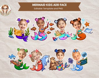 Mermaid Kids Add Face Mermaid Birthday Add Your Own Face Mermaid Dress Theme Party Template Summer Kids Unique Cake Topper Mermaid Clipart