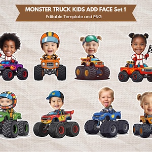 Peut inclure: Huit images de dessins anim&eacute;s de visages d'enfants sur des monster trucks. Les camions sont de diff&eacute;rentes couleurs, notamment le violet, l'orange, le rouge, le vert et le bleu. Le texte "MONSTER TRUCK KIDS ADD FACE Set 1" est affich&eacute; en haut.