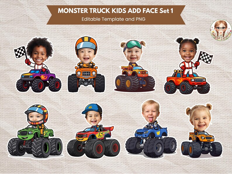 Peut inclure: Huit images de dessins anim&eacute;s de visages d'enfants sur des monster trucks. Les camions sont de diff&eacute;rentes couleurs, notamment le violet, l'orange, le rouge, le vert et le bleu. Le texte "MONSTER TRUCK KIDS ADD FACE Set 1" est affich&eacute; en haut.