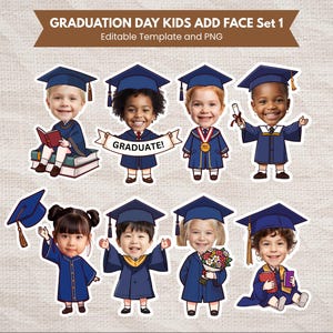 Puede incluir: Un conjunto de ocho ilustraciones de dibujos animados de niños con atuendo de graduación. Cada niño lleva una gorra y una toga azules. Algunos sostienen libros, diplomas o flores. El banner en la parte superior dice "GRADUATION DAY KIDS ADD FACE Set 1".
