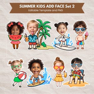Op de afbeelding: Summer Kids Add Face Set 2. Cartoon illustraties van kinderen met zomeraccessoires. Kinderen met zonnebrillen, surfplanken en ijsjes zijn te zien. Bevat de tekst 'Editable Template and PNG'. De afbeelding heeft een zomerthema.