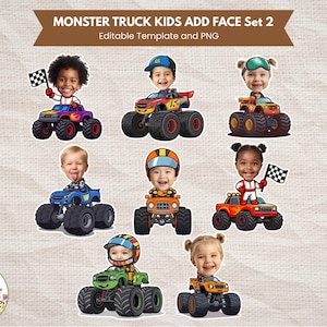 Peut inclure: Illustrations de dessins anim&eacute;s avec des visages d'enfants sur des monster trucks. Les camions sont de diff&eacute;rentes couleurs, notamment le violet, le bleu, l'orange et le vert. Le texte "MONSTER TRUCK KIDS ADD FACE Set 2" est en haut.