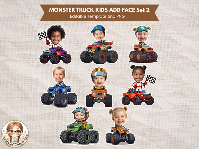 Peut inclure: Illustrations de dessins anim&eacute;s avec des visages d'enfants sur des monster trucks. Les camions sont de diff&eacute;rentes couleurs, notamment le violet, le bleu, l'orange et le vert. Le texte "MONSTER TRUCK KIDS ADD FACE Set 2" est en haut.