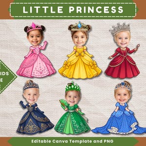 May include: Six digital illustrations of children with cartoon princess bodies wearing crowns and gowns in pink, yellow, red, dark blue, green, and light blue. A green arrow graphic points to the figures with the text ADD KIDS FACE.