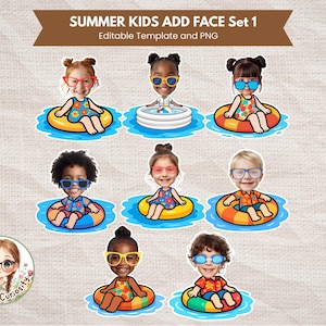 May include: A set of cartoon illustrations of children in swimsuits and sunglasses, floating in inflatable rings. The image includes the text "SUMMER KIDS ADD FACE Set 1" and "Editable Template and PNG". A logo with a girl wearing glasses is in the lower left corner.