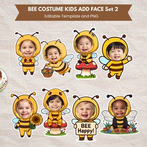 Puede incluir: Conjunto de ocho diseños digitales de disfraces de abeja para niños, cada uno con la cara de un niño. Los disfraces son amarillos y negros, con antenas y alas. El texto "BEE COSTUME KIDS ADD FACE Set 2" está en la parte superior, con "Editable Template and PNG" debajo.