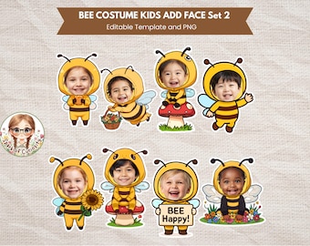 Bee Kids Add Face Preschool Spring Craft Face Banner Bee Add your Photo Cake Topper Body Template Cute Bees Theme Party Props Faceless Photo