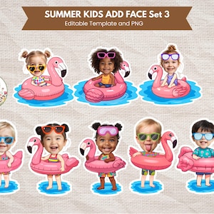Könnte beinhalten: Eine Sammlung von Sommer-Stickern mit Kindern, die Gesichter auf Flamingo-Schwimmreifen haben. Die Aufkleber sind im Cartoon-Stil gehalten, mit dem Text "SUMMER KIDS ADD FACE Set 3" oben auf dem Bild.