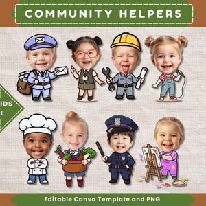 May include: A digital graphic set titled COMMUNITY HELPERS featuring eight cartoon-style characters with realistic children's faces. The characters represent various professions including a mail carrier, student, construction worker, singer, chef, gardener, police officer, and artist.
