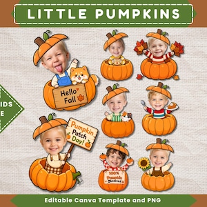 May include: A digital graphic set featuring cartoon-style illustrations of children's faces placed inside orange pumpkins. The designs include various fall-themed elements like signs reading Hello Fall, Pumpkin Patch Day, and 100% Pumpkin Obsessed.
