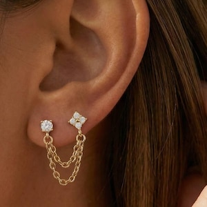 CZ Double Chain Stud Earring, Gold Dangling Chain Earring, Two Hole Gemstone Earring, Double Piercing Earring, Birthday Gift for Her