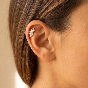 May include: Close-up of an ear adorned with a gold-toned helix piercing. The piercing features a cluster of small, clear gemstones arranged in a floral or leaf-like design, adding a touch of sparkle. The skin tone is light, with brown hair in the background.