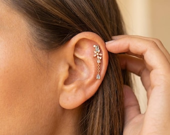 Diamond Flower Flat Back Helix Earring, Floral Chain Dangle Cartilage Stud, Dainty Labret Screw Back Piercing Earring