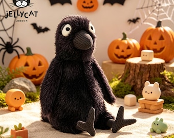 Jellycat Amuseables Raven Plüschtier, flauschiger schwarzer Vogel mit Cord-Schnabel und gestreiftem Schal, niedliches Wohndekor & Geschenk