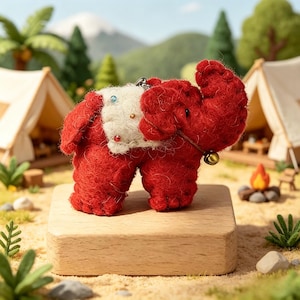 May include: A handcrafted red elephant figurine with a white and embellished blanket. The elephant has a small bell around its neck. The figurine is displayed on a wooden block, with a camping scene in the background.