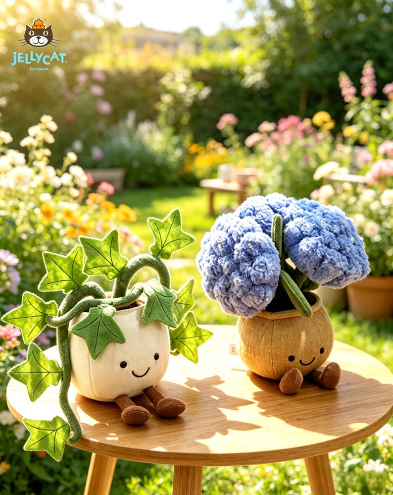 K&ouml;nnte beinhalten: Zwei Pl&uuml;schpflanzenspielzeuge auf einem Holztisch in einem Garten. Eines ist ein wei&szlig;er Topf mit gr&uuml;nen Bl&auml;ttern, das andere ein beigefarbener Topf mit blauen Blumen. Beide haben l&auml;chelnde Gesichter und braune Beine.